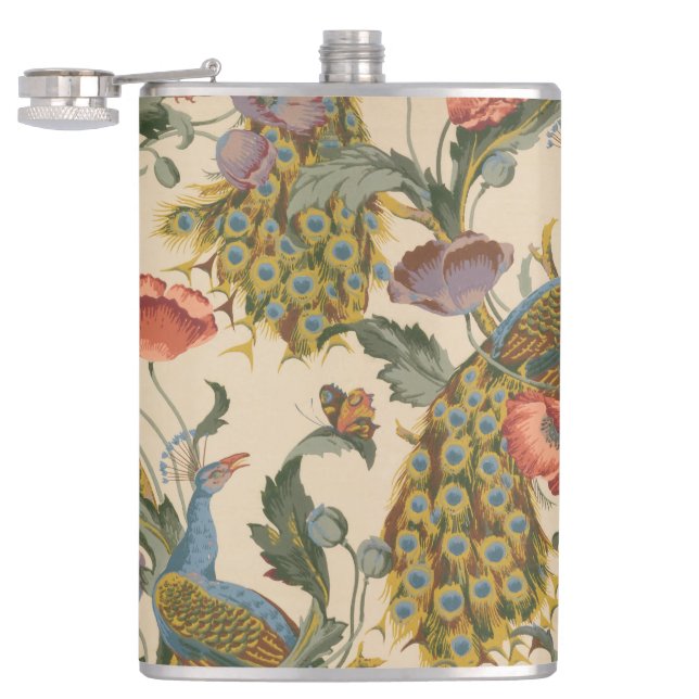 Vintage Peacock Pattern Colourful Art Hip Flask (Opened)