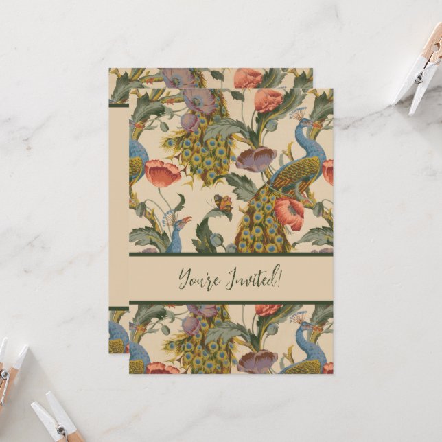 Vintage Peacock Pattern Colourful Art Invitation (Front/Back In Situ)