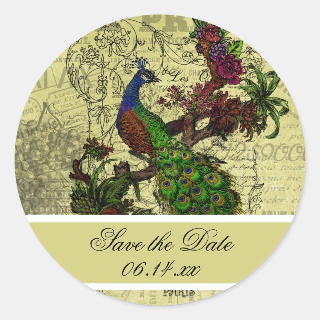 Vintage Peacock Save the Date Round Stickers (Front)