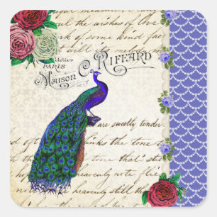 Vintage Peacock Song Collage Square Sticker