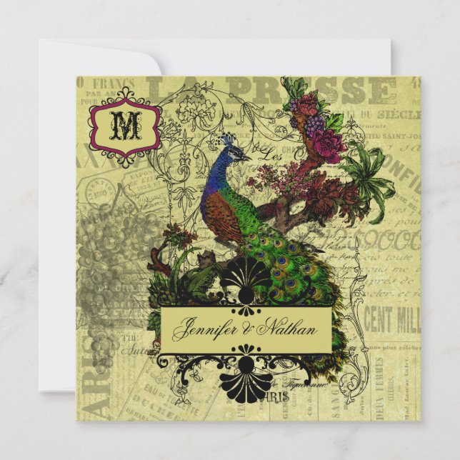 Vintage Peacock Square Wedding Invitation (Front)