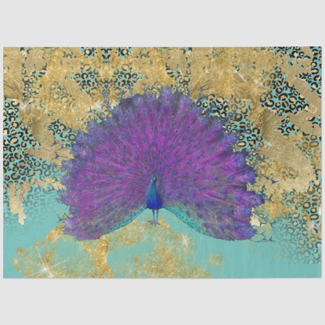 Vintage Peacock Turquoise Gold Leopard Decoupage Tissue Paper (Front)