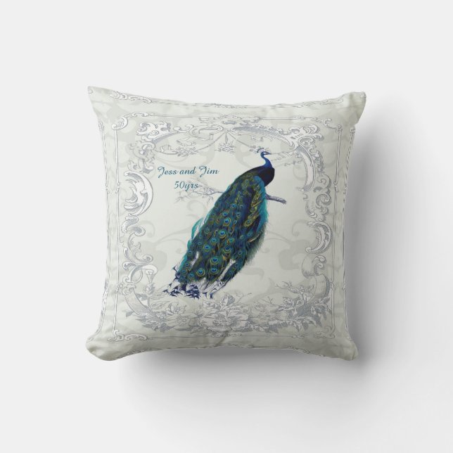 Vintage Peacock Wedding Anniversary 40th 50th 60th Cushion (Front)