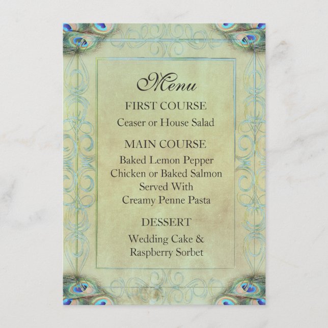 Vintage Peacock Wedding Dinner Menu (Front)