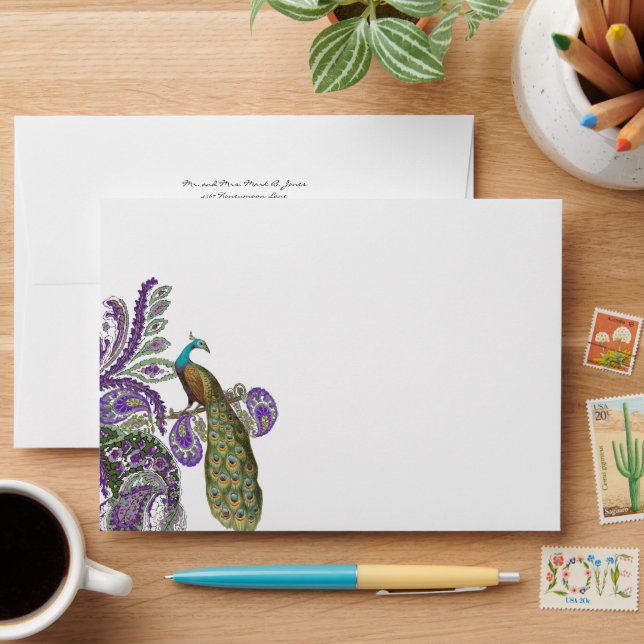 Vintage Peacock Wedding Envelopes (Desk)