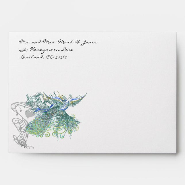 Vintage  Peacock Wedding Envelopes Musical Notes (Front)