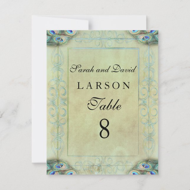 Vintage Peacock Wedding Table Number Cards (Front)
