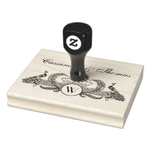 Vintage Peacocks, Couple Names Initial Monogram Rubber Stamp