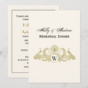 Vintage Peacocks Monogram Faux Gold Ivory BG Invitation