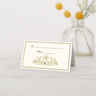 Vintage Peacocks Monogram Faux Gold Ivory BG Place Card