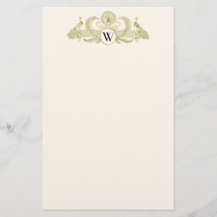 Vintage Peacocks Monogram Faux Gold Ivory BG Stationery
