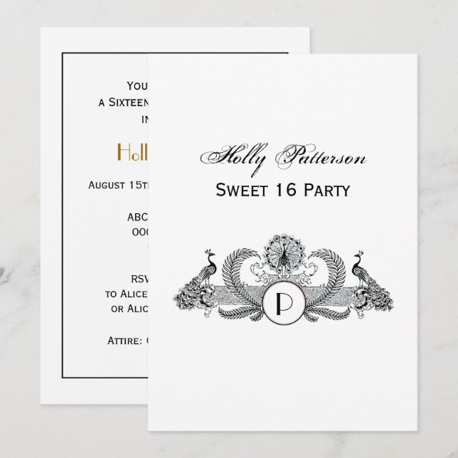 Vintage Peacocks Monogram Invitation (Front/Back)
