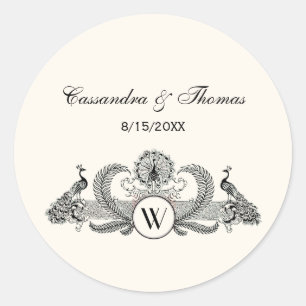 Vintage Peacocks Monogram Ivory BG Classic Round Sticker