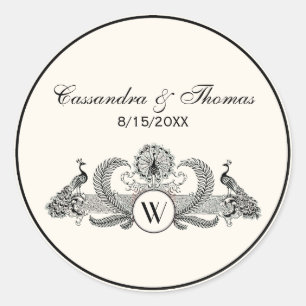 Vintage Peacocks Monogram Ivory BG Classic Round Sticker