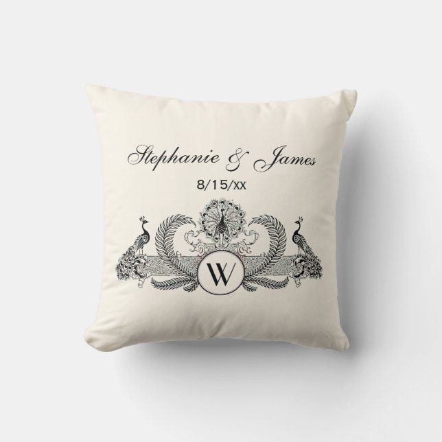 Vintage Peacocks Monogram Ivory BG Cushion (Front)