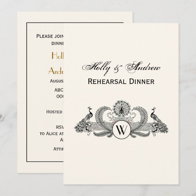 Vintage Peacocks Monogram Ivory BG Invitation (Front/Back)