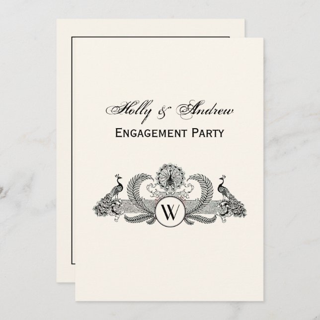 Vintage Peacocks Monogram Ivory BG Invitation (Front/Back)