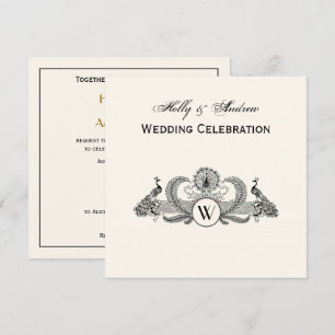 Vintage Peacocks Monogram Ivory BG Invitation