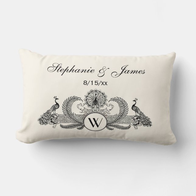Vintage Peacocks Monogram Ivory BG Lumbar Cushion (Front)