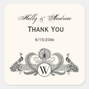 Vintage Peacocks Monogram Ivory BG Square Sticker