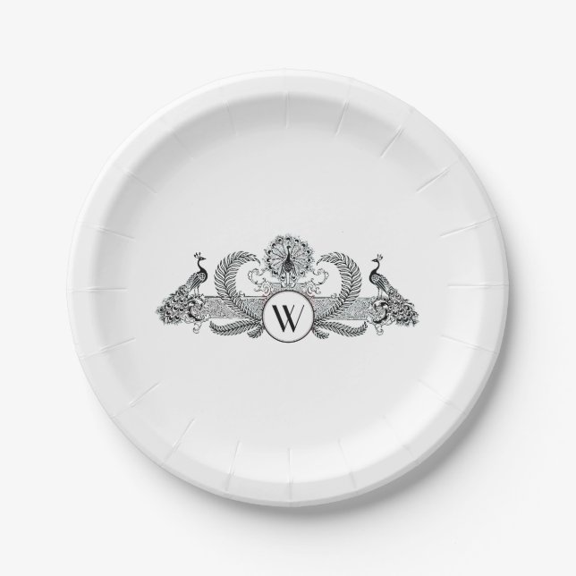 Vintage Peacocks Monogram Paper Plate (Front)