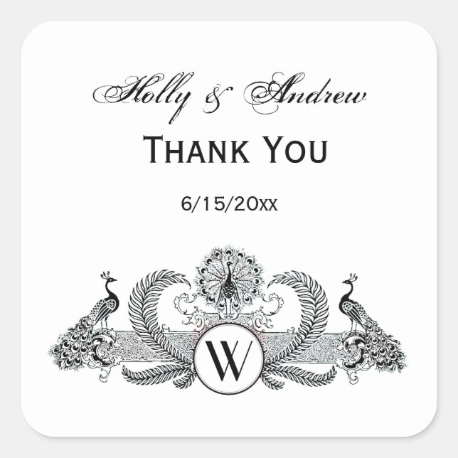 Vintage Peacocks Monogram Square Sticker (Front)