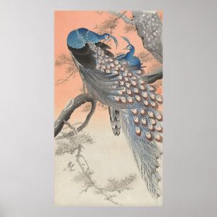 Vintage Peacocks On A Branch, Retro Japanese Poster