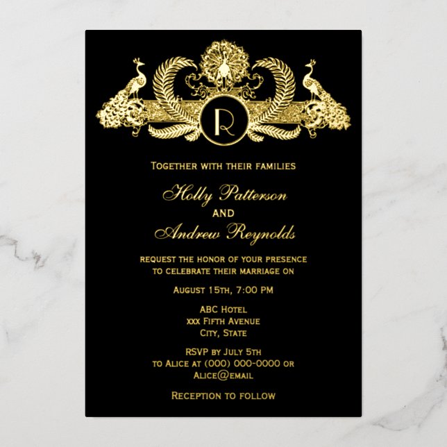 Vintage Peacocks with Monogram Wedding Foil (Front)