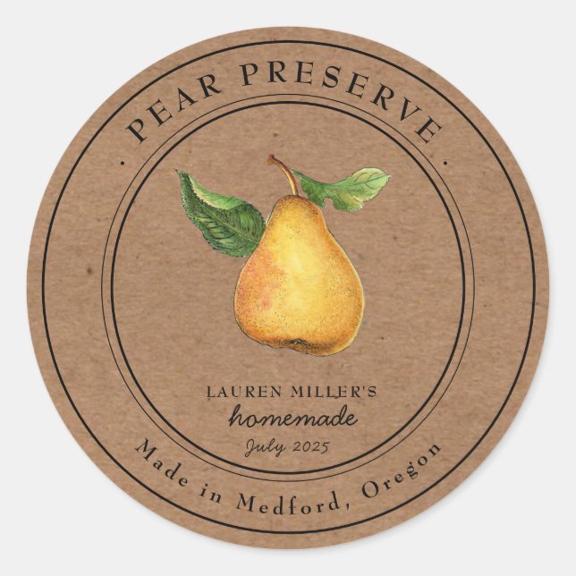 Vintage Pear Preserve Kraft paper Canning label (Front)