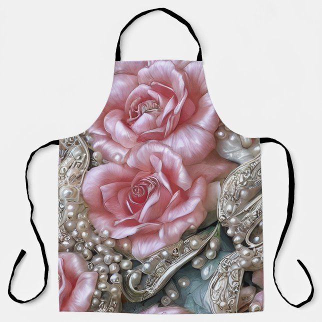 Vintage Pearls and Pink Roses Pattern  Apron (Front)