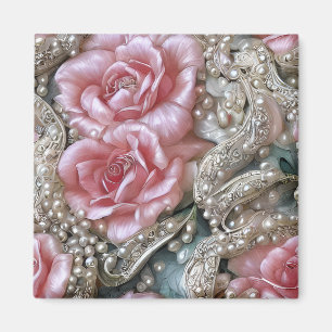 Vintage Pearls and Pink Roses Pattern  Magnet