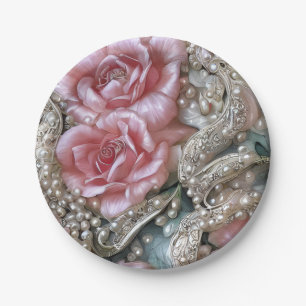 Vintage Pearls and Pink Roses Pattern Paper Plate