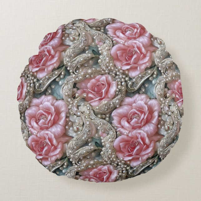 Vintage Pearls and Pink Roses Pattern  Round Cushion (Front)
