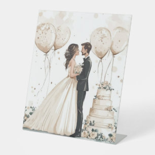 Vintage Pencil Sketch Couple & Wedding Cake Tablet Pedestal Sign