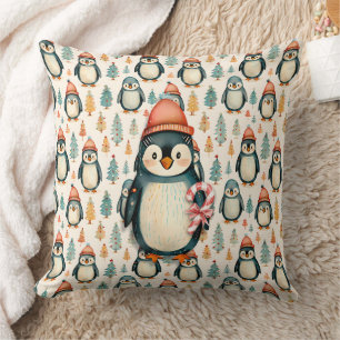  Vintage Penguin with Candy Canes Christmas Cushion