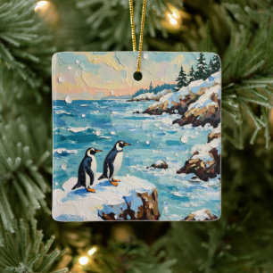 Vintage Penguins on Snowy Coastal Christmas Cliff Ceramic Ornament