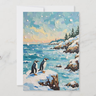 Vintage Penguins on Snowy Coastal Christmas Cliff Holiday Card