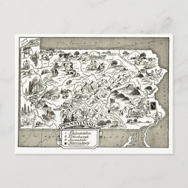 Vintage Pennsylvania Map  Postcard (Front)