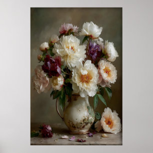Vintage Peonies Flowers Print, Peony Bouquet Wall Poster