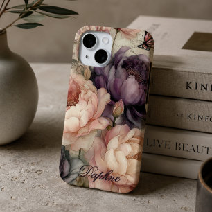 Vintage Peonies in Pink and Purple Personalised iPhone 15 Case