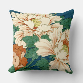 Vintage Peonies on Blue Cushion