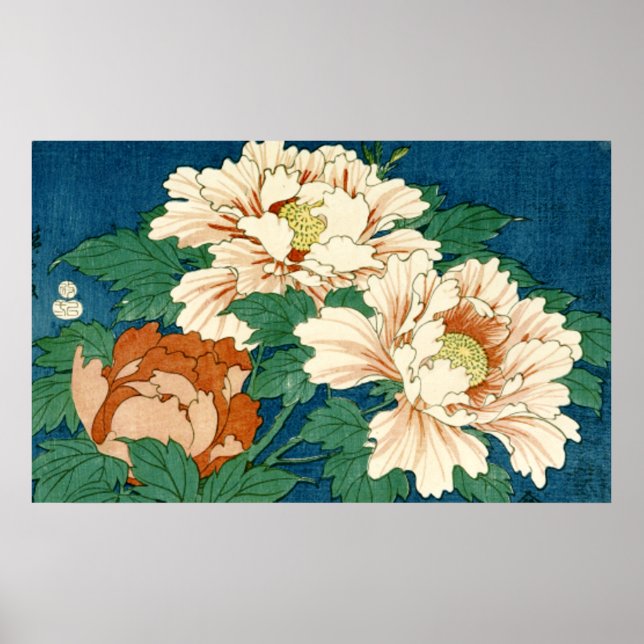 Vintage Peonies on Blue Poster (Front)