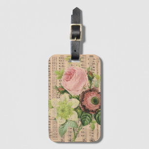 Vintage Peonies & Sheet Music Luggage Tag