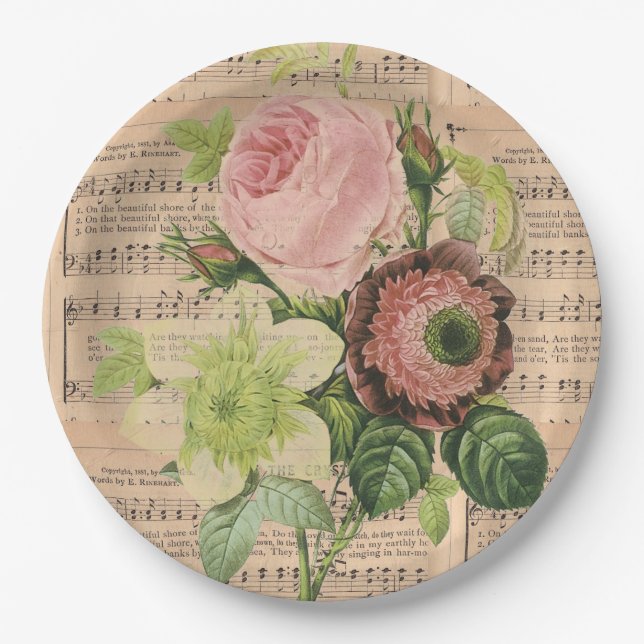 Vintage Peonies & Sheet Music Paper Plate (Front)