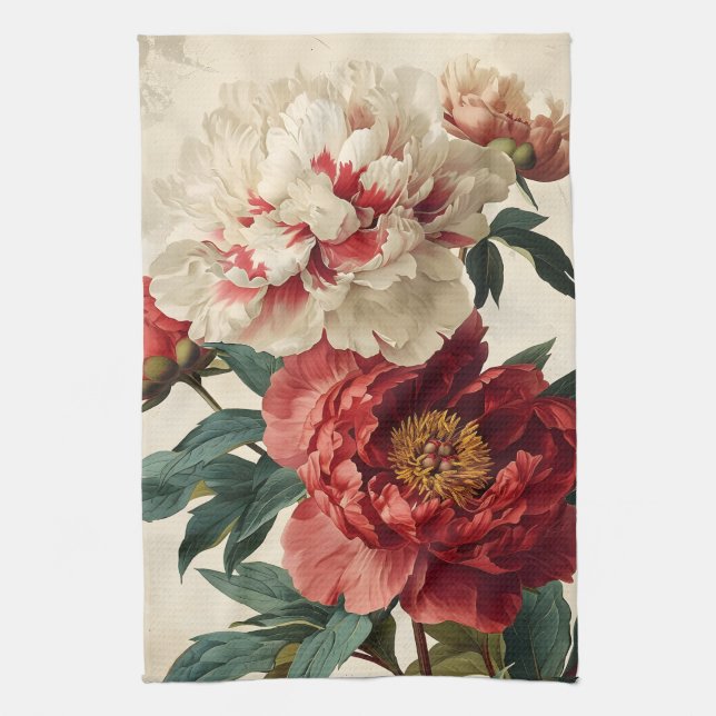 Vintage Peonies  Tea Towel (Vertical)