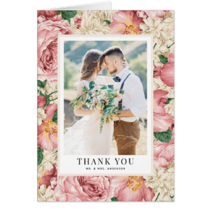 Vintage Peonies Wedding Photo Thank You Card