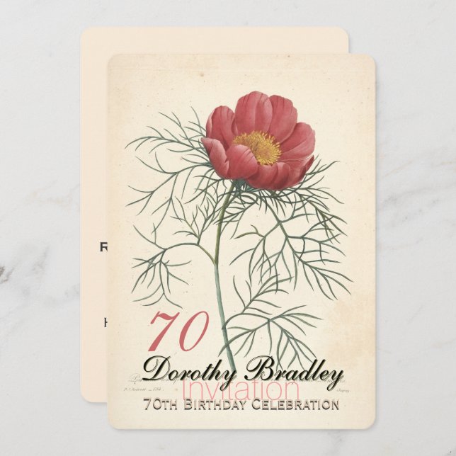 Vintage Peony 70th Birthday Celebration Invitation (Front/Back)