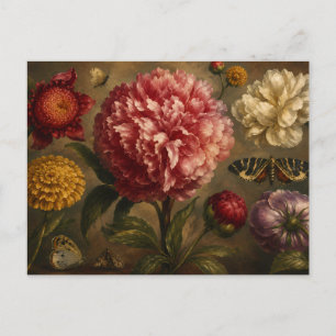 Vintage Peony and Butterfly Botanical Oil Painting Postcard