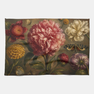 Vintage Peony and Butterfly Botanical Oil Painting Tea Towel
