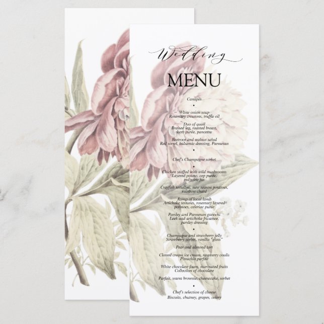 Vintage Peony Botanical Fine Art Wedding  Menu (Front/Back)